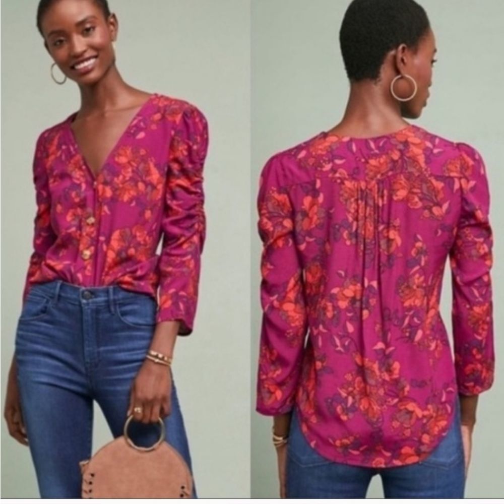 Maeve Floral Jourdain Rushed 3/4 Sleeve Blouse
